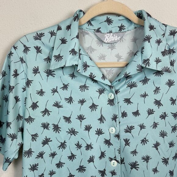 Vintage Blair Polyester 70s Light Blue Floral Short Sleeve Shirt M - Picture 2 of 6